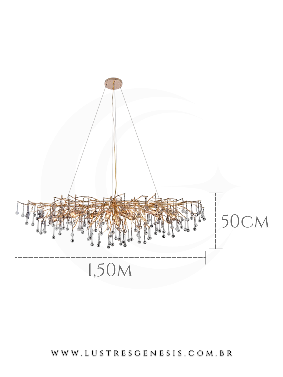 Lustre pendente de cristal moderno em formato de galho, com acabamento dourado e gotas de cristal, medindo 60cm x 60cm, ideal para sala de jantar, quartos e sala de estar.